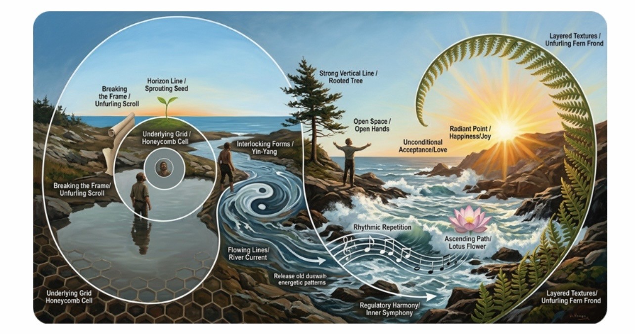 LifeLinks spiral landscape: from honeycomb grid and yin-yang current to open space, lotus, and radiant light.