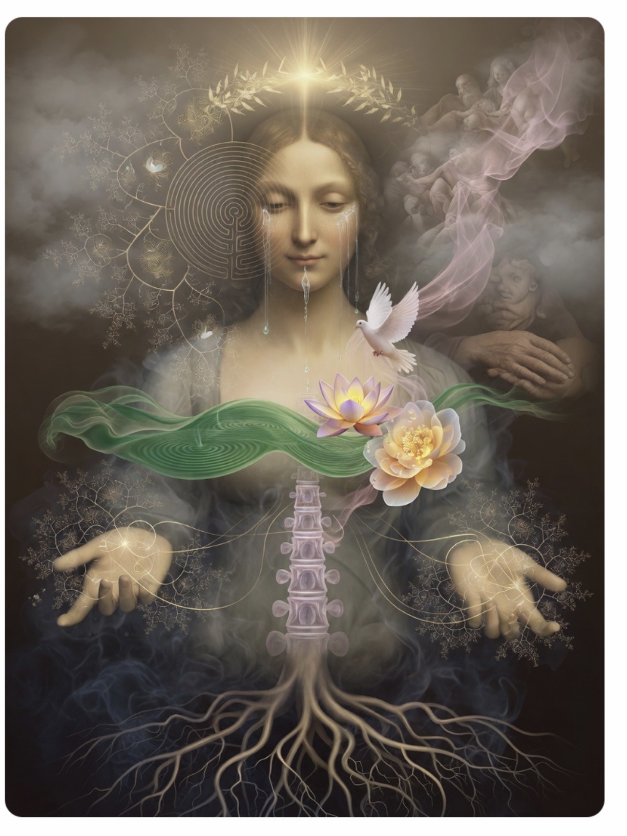 Symbolic portrait of the Daily Face Hologram, with roots, spine, flowers, and a radiant crown.