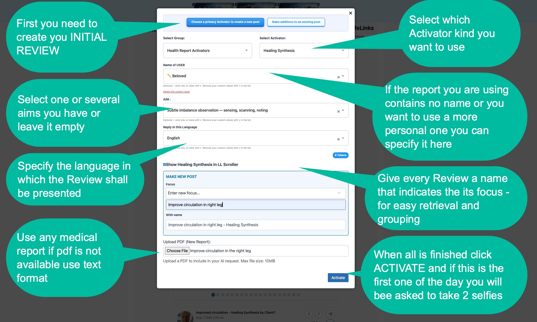 Create review form: group, activator, name, aims, language, focus, and PDF upload.