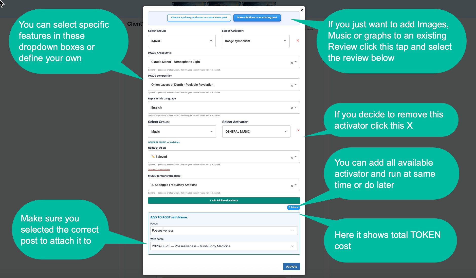 Add features form: image, music, language, and attach-to-post options.