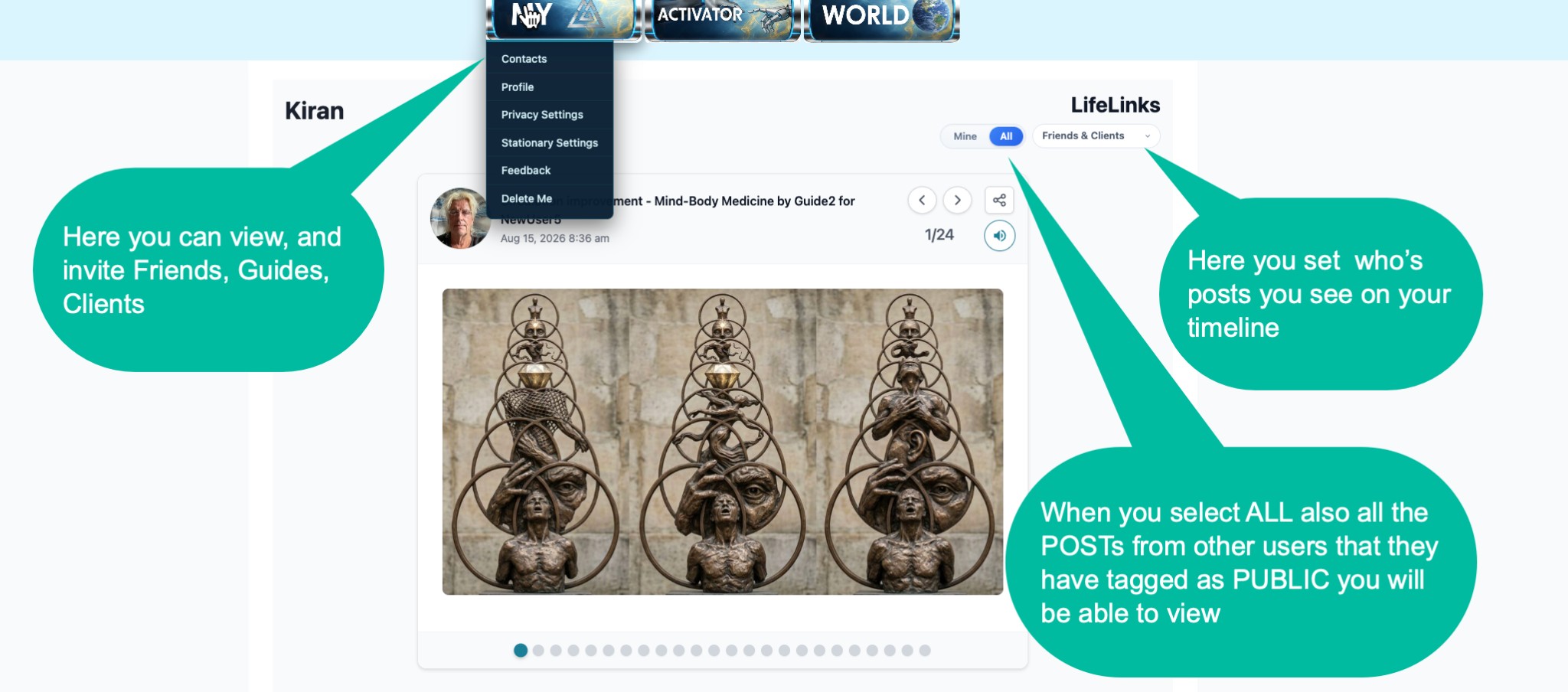 Timeline filters, contacts menu, post visibility, and read-aloud control.