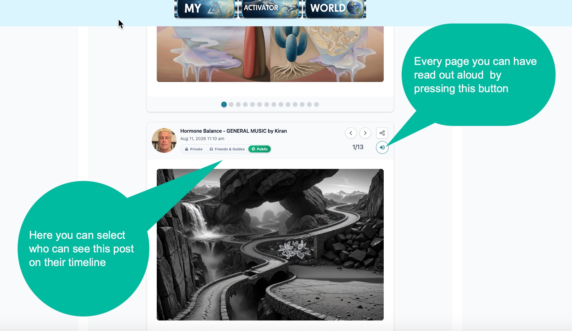 Post Options: create or export PDF, modify intro, download, share, email, hide, or delete.
